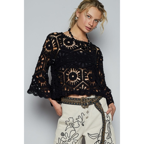 POL Black Crochet Top | Boho Bell Sleeve Knit | Summer Goth Festival Vibe - Picture 3 of 7